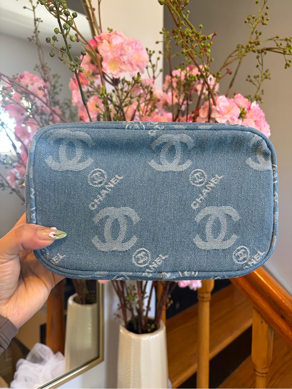 Blue Denim Cosmetic Pouch with Logo Pattern